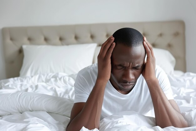 Foto un hombre afroamericano infeliz con dolor de cabeza sentado en la cama
