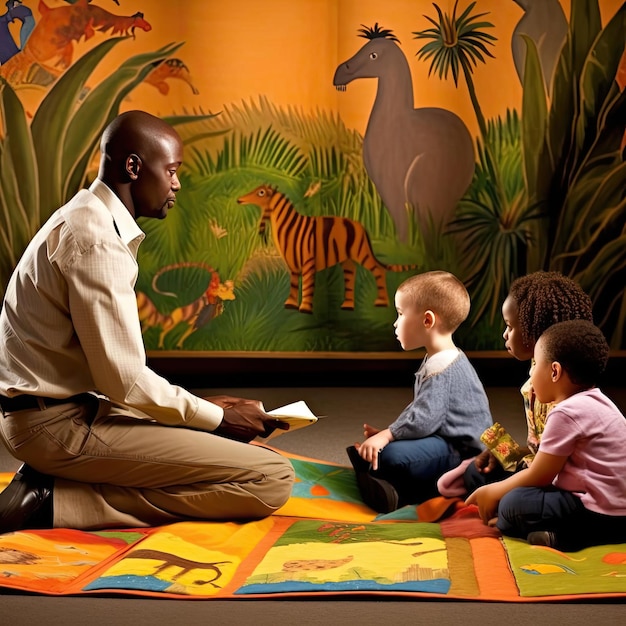 Hombre afroamericano leyendo un libro con sus hijos en el fondo