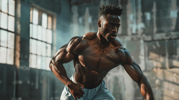 Hombre afroamericano musculoso con dreadlocks mirando hacia el lado mostrando sus músculos