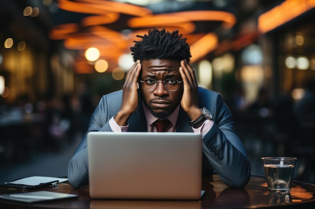 Hombre afroamericano negro deprimido trabajando en una computadora portátil Empresario en traje sosteniendo la cabeza con la mano Crisis y bancarrota Contenido de IA generativa