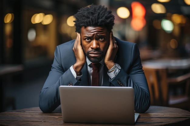 Hombre afroamericano negro deprimido trabajando en una computadora portátil Empresario en traje sosteniendo la cabeza con la mano Crisis y bancarrota Contenido de IA generativa