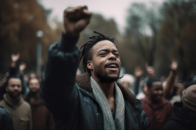 Un hombre afroamericano con el puño en alto protesta durante una protesta antirracista