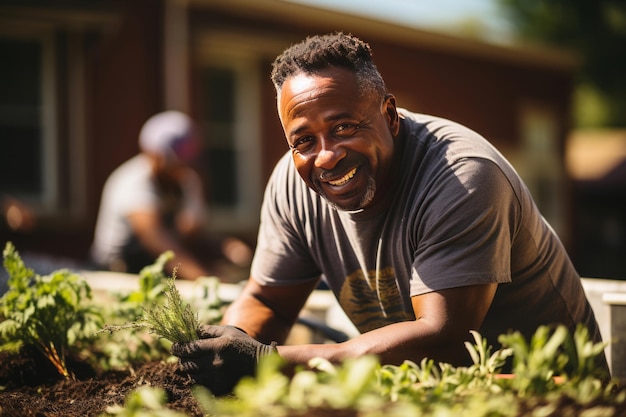 Hombre afroamericano que se ofrece como voluntario en un jardín comunitario IA generativa