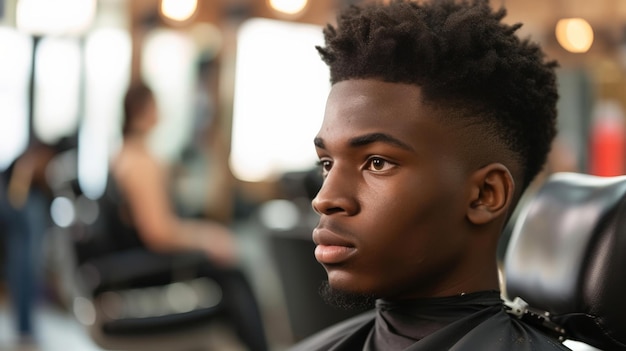 Hombre afroamericano sentado en una silla y cortándose el cabello en el salón