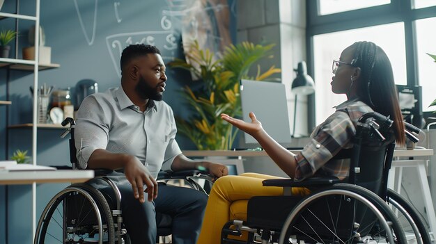 Hombre afroamericano se sienta en el lugar de trabajo en silla de ruedas comparte ideas creativas y opina AI generativa