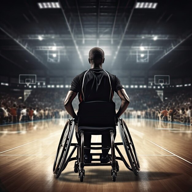 Un hombre afroamericano en silla de ruedas juega baloncesto en los Juegos Paralímpicos.