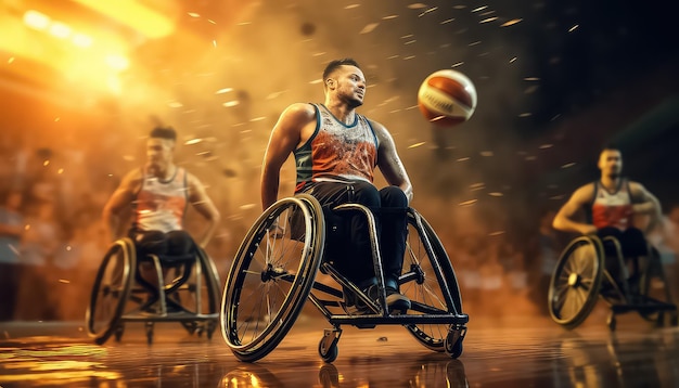 Hombre afroamericano en silla de ruedas jugando al baloncesto