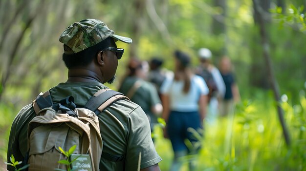 Un hombre afroamericano con un sombrero de camuflaje y gafas de sol camina a través de un bosque verde exuberante