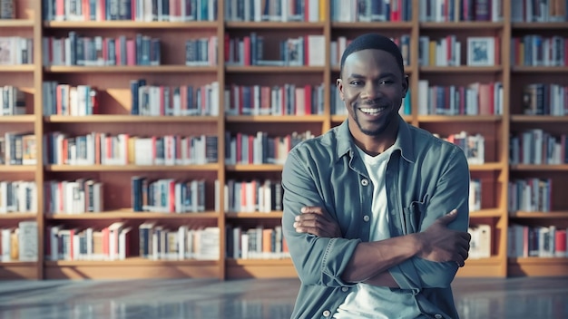 Hombre afroamericano sonriente posando en la biblioteca pública
