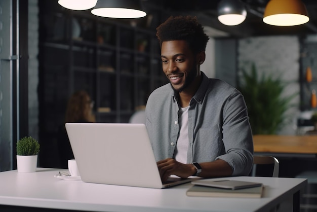 Hombre afroamericano sonriente usando una computadora portátil en una oficina moderna