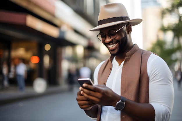 Hombre afroamericano sonriente usando un teléfono inteligente en la calle de la ciudad