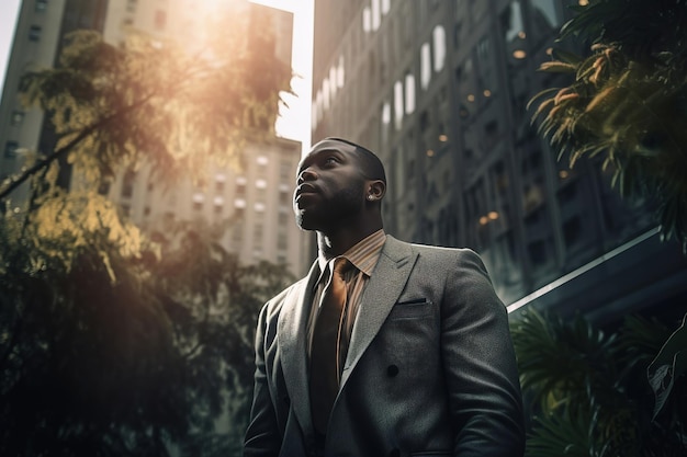 Hombre afroamericano en traje en la ciudad Concepto de desafío de carrera IA generativa