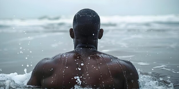 Foto hombre afroamericano traumatizado lucha con el miedo al agua después de un incidente de casi ahogamiento concepto salud mental trauma recuperación terapia de fobia del agua técnicas estrategias de afrontamiento