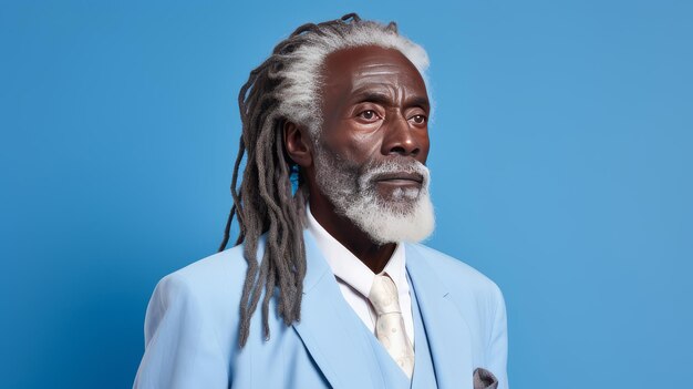 Hombre afroamericano viejo y guapo con cabello largo y dreadlocks bandera de fondo azul claro