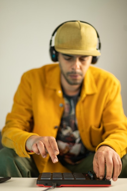 Hombre afrobrasileño haciendo ritmos desde su sofá en la mesa de café con un controlador MPD MIDI