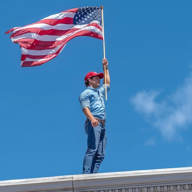Foto un hombre agita una bandera estadounidense en un techo