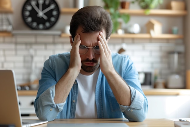 Hombre agotado quitándose las gafas y frotándose el puente de la nariz tomando un descanso en el trabajo en línea en la computadora portátil