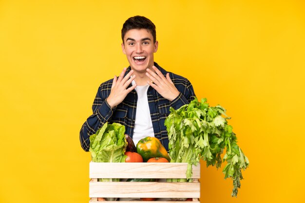 Hombre agricultor adolescente con verduras recién cortadas en una caja con expresión facial sorpresa