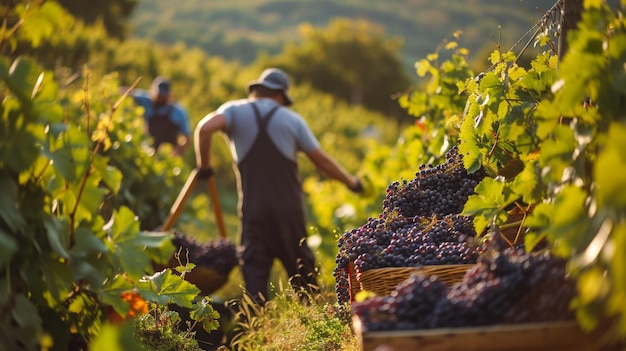 Foto el hombre agricultor o viticultor está en el medio de las ramas de la vid y sostiene las uvas recogidas durante la temporada de cosecha de vino en el viñedo