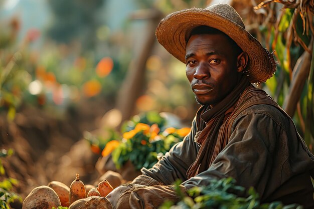 hombre agricultor con patatas dulces cosechadas