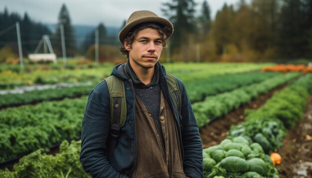 Un hombre, un agricultor que trabaja al aire libre en el bosque de otoño generado por IA