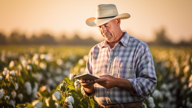 Hombre agricultor con sombrero caminando por el campo de algodón y usando una tableta Concepto agrícola