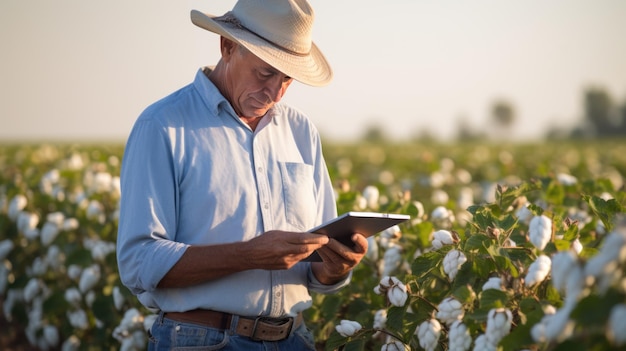 Hombre agricultor con sombrero caminando por el campo de algodón y usando una tableta Concepto agrícola