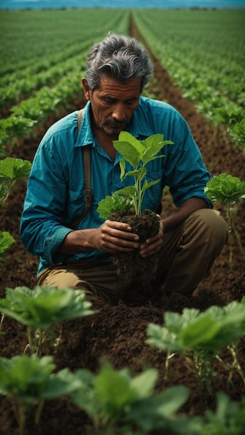 Hombre Agricultor Sosteniendo Planta Verde en campo de agricultura