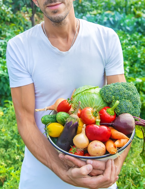 Hombre agricultor con verduras caseras en sus manos. Enfoque selectivo.