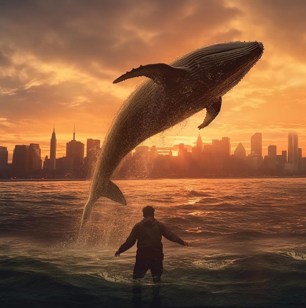 Un hombre en el agua con una ballena saltando fuera del agua.