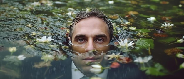 Foto un hombre en el agua con una flor en la cabeza.