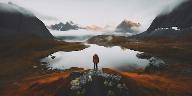 Hombre agua lago amarillo verano espalda cabo senderismo viajes montaña naturaleza IA generativa