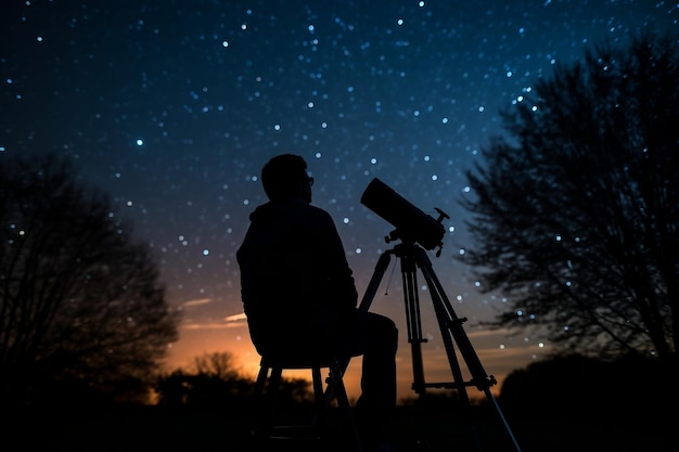 Hombre al aire libre mirando a través de un gran telescopio IA generativa