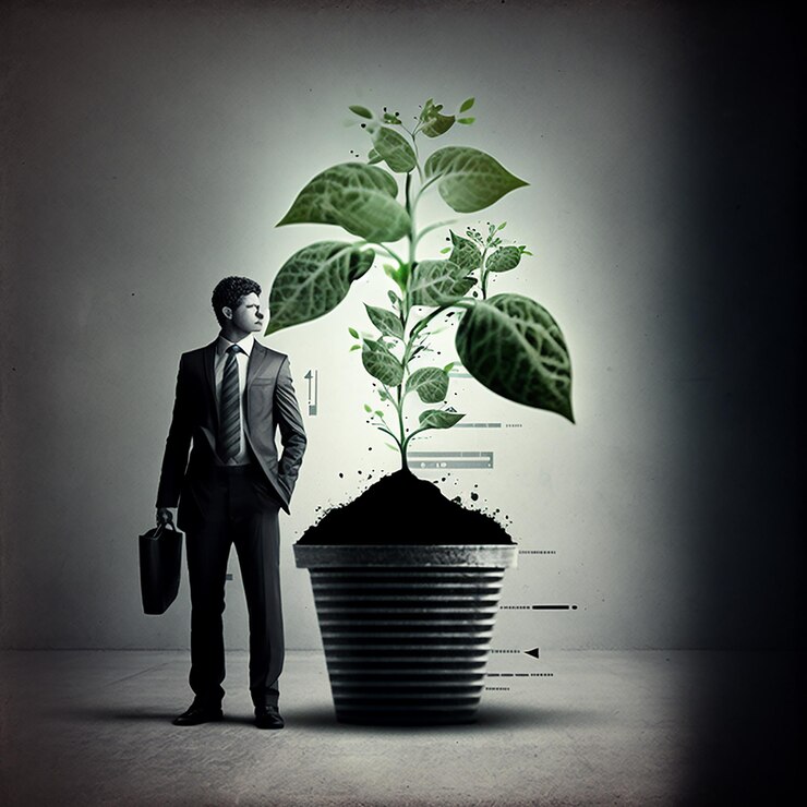 Un hombre se para al lado de una planta con la palabra