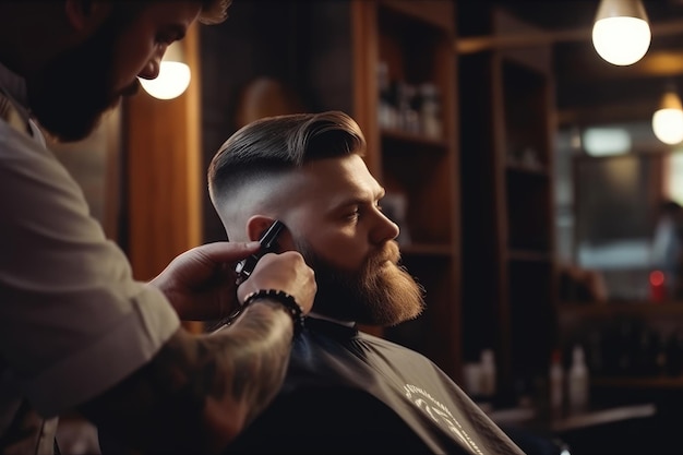 Foto un hombre al que un peluquero le corta el pelo