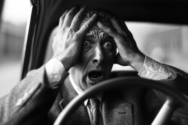 Foto hombre al volante con las manos en la cabeza en estado de shock refleja el concepto de seguro de accidentes y angustia emocional