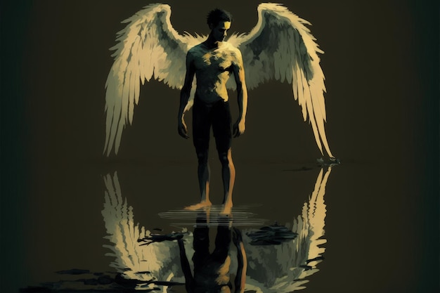 Hombre con alas que se asemejan a un querubín aparece como un demonio en la imagen del espejo acuático Concepto de fantasía Pintura de ilustración IA generativa
