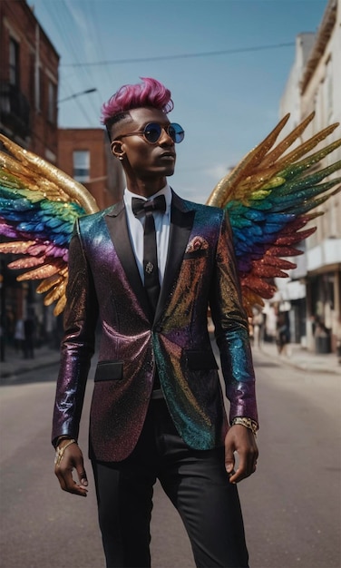 Foto un hombre con alas en su cuerpo está usando un traje y corbata