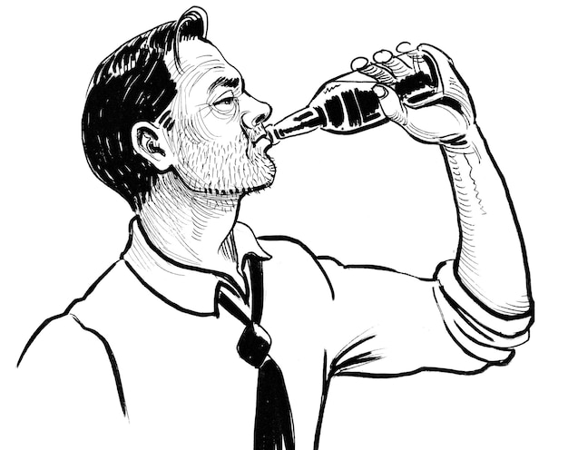 Foto hombre alcohólico bebiendo cerveza de la botella. dibujo a tinta en blanco y negro