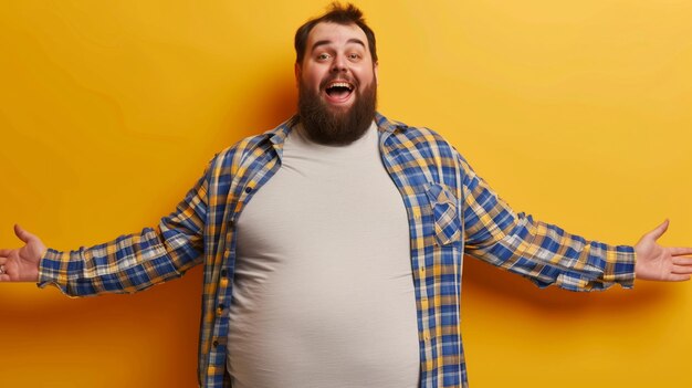 Hombre alegre con barba extendiendo los brazos con una expresión feliz contra un fondo amarillo