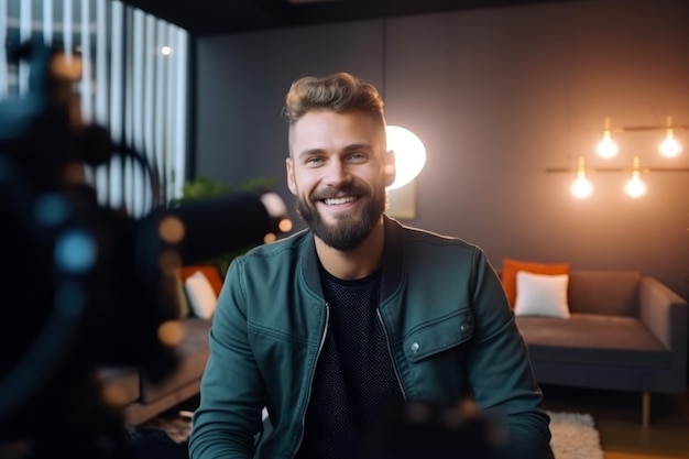 Hombre alegre con barba filmando en un interior elegante