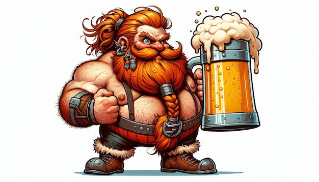Un hombre alegre con una barriga barba se ríe bebe cerveza con espuma celebrando el día de la cerveza Oktoberfest