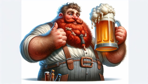 Un hombre alegre con una barriga barba se ríe bebe cerveza con espuma celebrando el día de la cerveza Oktoberfest