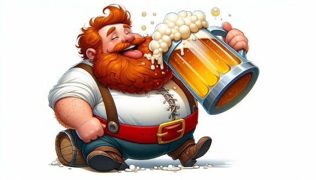 Un hombre alegre con una barriga barba se ríe bebe cerveza con espuma celebrando el día de la cerveza Oktoberfest