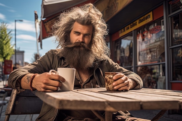 Hombre alegre bebiendo café en la calle Hipster con un bigode enorme y ropa furtiva sosteniendo una taza de bebida