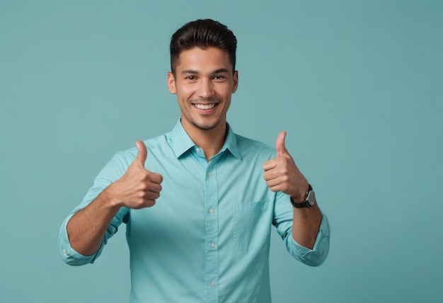 Un hombre alegre con una camisa azul claro levanta dos pulgares para expresar positividad y aprobación