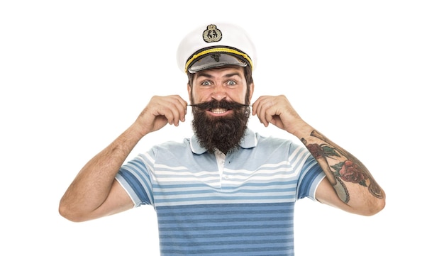 Hombre alegre capitán marinero sombrero viaje alrededor del mundo loco por el concepto de viaje