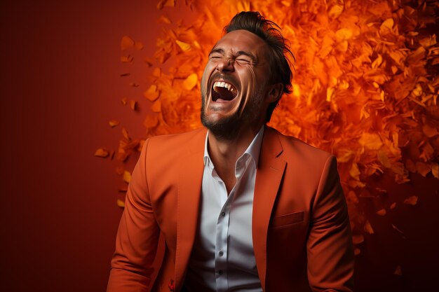 Hombre alegre estallando en risas su felicidad contagiosa en un fondo naranja IA generativa