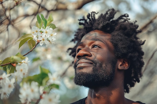 Hombre alegre con flores floreciendo en el fondo