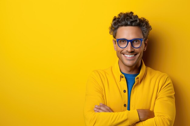 Hombre alegre con gafas y brazos cruzados sobre un fondo amarillo vibrante